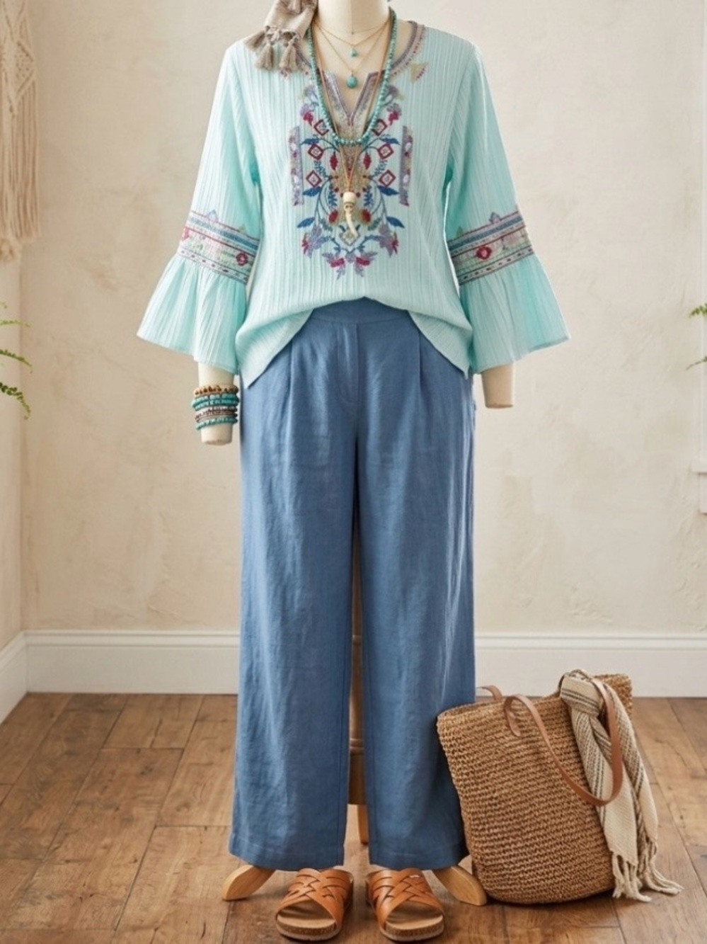 Calessa Embroidered V Neck Flare Sleeve Peasant Boho Tunic Top Size XL Like New